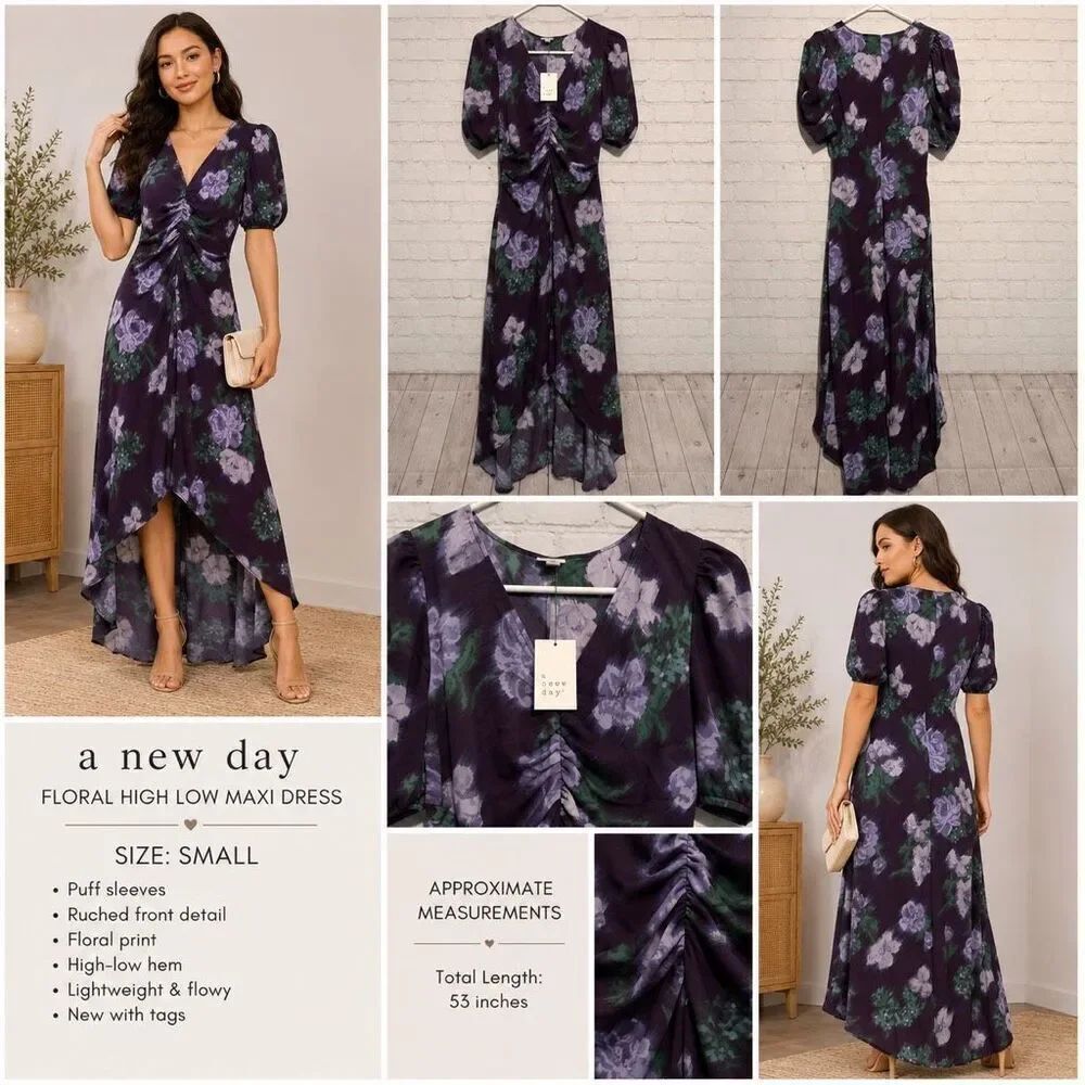 A New Day Floral High Low Maxi Dress Women’s Small Puff Sleeve Dress